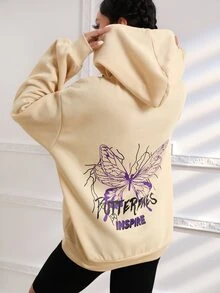 SHEIN Coolane Butterfly & Letter Graphic Drop Shoulder Hoodie - Apricot - View 2