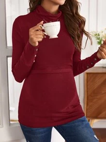 SHEIN Maternity Funnel Neck Button Detail Nursing Tee - Burgundy - View 1