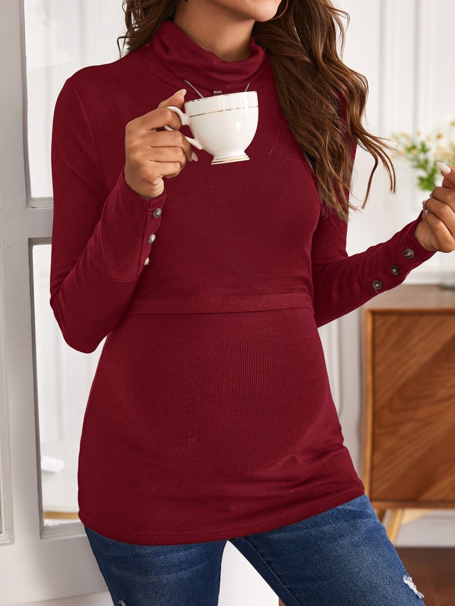 SHEIN Maternity Funnel Neck Button Detail Nursing Tee - Burgundy - View 1