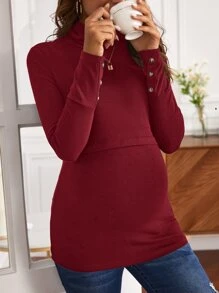SHEIN Maternity Funnel Neck Button Detail Nursing Tee - Burgundy - View 5