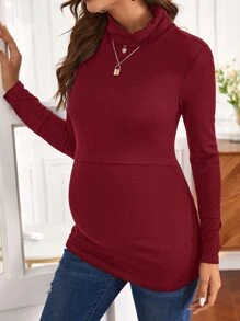 SHEIN Maternity Funnel Neck Button Detail Nursing Tee - Burgundy - View 6
