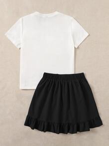 SHEIN EZwear 女士休闲豹纹T恤荷叶边裹身裙两件套，夏季 - 黑與白 - 查看 2