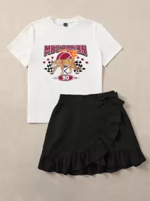 SHEIN EZwear 女士休闲豹纹T恤荷叶边裹身裙两件套，夏季 - 黑與白 - 查看 5
