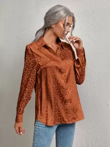 SHEIN Clasi 豹纹提花缎面衬衫、长袖上衣 - 亮橙色 - 查看 4