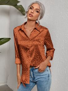 SHEIN Clasi 豹纹提花缎面衬衫、长袖上衣 - 亮橙色 - 查看 5
