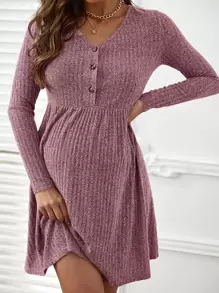 SHEIN Maternity Button Half Placket Ribbed Knit Dress - Mauve Purple - View 1