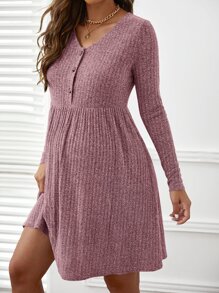 SHEIN Maternity Button Half Placket Ribbed Knit Dress - Mauve Purple - View 4