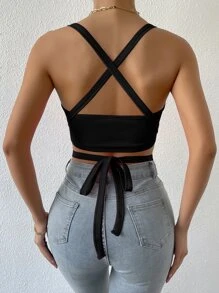 Allurite Crisscross Tie Back Crop Halter Top - Black - View 2