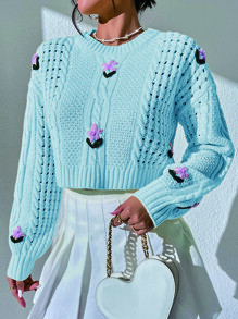 SHEIN Unity 花卉刺繡網眼針織落肩袖套頭毛衣 - 淺藍色 - 查看 5