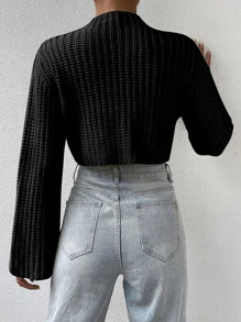 SHEIN Unity Mock Neck Trumpet Sleeve Crop Sweater - Black - View 2