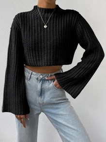SHEIN Unity Mock Neck Trumpet Sleeve Crop Sweater - Black - View 6
