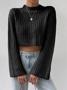 SHEIN Unity Mock Neck Trumpet Sleeve Crop Sweater - Black - View 7