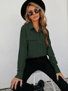 EMERY ROSE Flap Pocket Button Front Shirt - Dark Green - View 3
