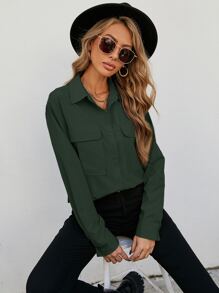 EMERY ROSE Flap Pocket Button Front Shirt - Dark Green - View 4