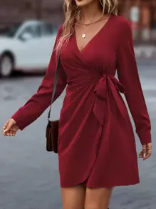 SHEIN Clasi Vestido cruzado unicolor con nudo lateral - Burdeos - Ver 3