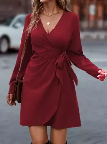 SHEIN Clasi Vestido cruzado unicolor con nudo lateral - Burdeos - Ver 5