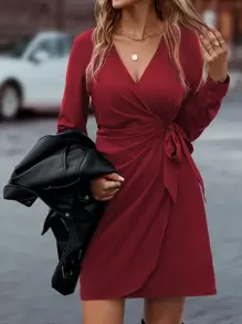 SHEIN Clasi Vestido cruzado unicolor con nudo lateral - Burdeos - Ver 6