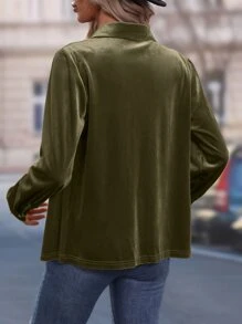 SHEIN LUNE Solid Button Front Velvet Shirt - Army Green - View 2