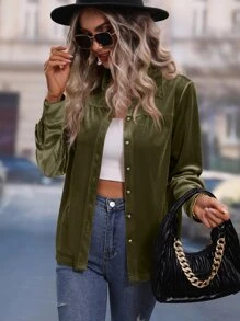 SHEIN LUNE Solid Button Front Velvet Shirt - Army Green - View 3