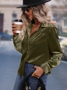 SHEIN LUNE Solid Button Front Velvet Shirt - Army Green - View 4