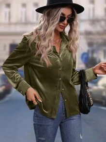 SHEIN LUNE Solid Button Front Velvet Shirt - Army Green - View 5