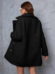 SHEIN Essnce Double Breasted Lapel Neck Teddy Coat - Black - View 2