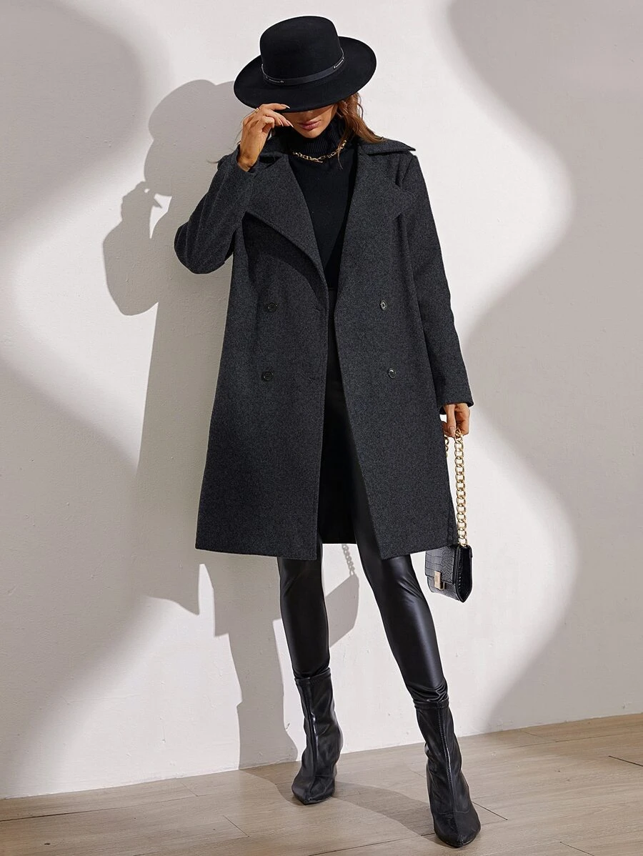 SHEIN Essnce Solid Double Breasted Overcoat - Dark Grey - View 1