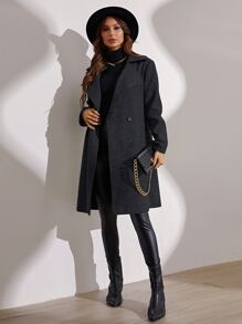 SHEIN Essnce Solid Double Breasted Overcoat - Dark Grey - View 3