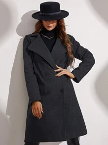 SHEIN Essnce Solid Double Breasted Overcoat - Dark Grey - View 5