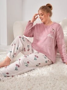 Plus Cherry & Letter Embroidery Flannel PJ Set - Multicolor - View 1