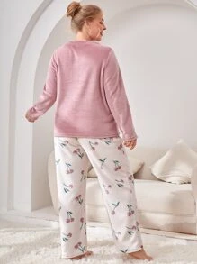 Plus Cherry & Letter Embroidery Flannel PJ Set - Multicolor - View 2