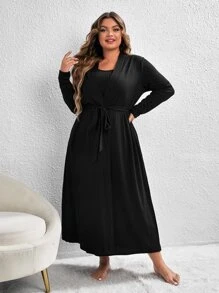 Conjunto de pijama Bata tejido de canalé con cinturón & Vestido - Negro - Ver 3