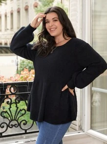 SHEIN LUNE Plus Drop Shoulder Solid Jumper - Black - View 4
