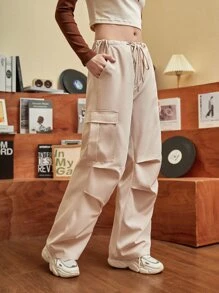 SHEIN MOD 腰部抽繩翻蓋口袋工裝褲 - 杏色 - 查看 2