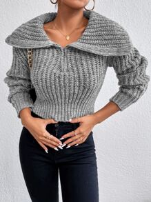 Chiquease 半拉链落肩毛衣，长袖针织套头衫，秋冬款 - 灰色 - 查看 1