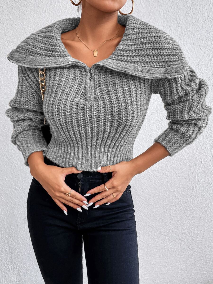 Chiquease 半拉链落肩毛衣，长袖针织套头衫，秋冬款 - 灰色 - 查看 1