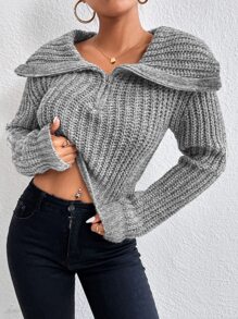 Chiquease 半拉链落肩毛衣，长袖针织套头衫，秋冬款 - 灰色 - 查看 3