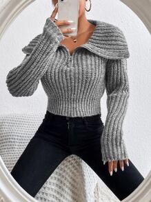 Chiquease 半拉链落肩毛衣，长袖针织套头衫，秋冬款 - 灰色 - 查看 4