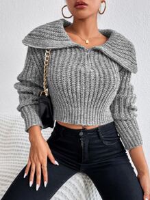 Chiquease 半拉链落肩毛衣，长袖针织套头衫，秋冬款 - 灰色 - 查看 5