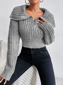 Chiquease 半拉链落肩毛衣，长袖针织套头衫，秋冬款 - 灰色 - 查看 7