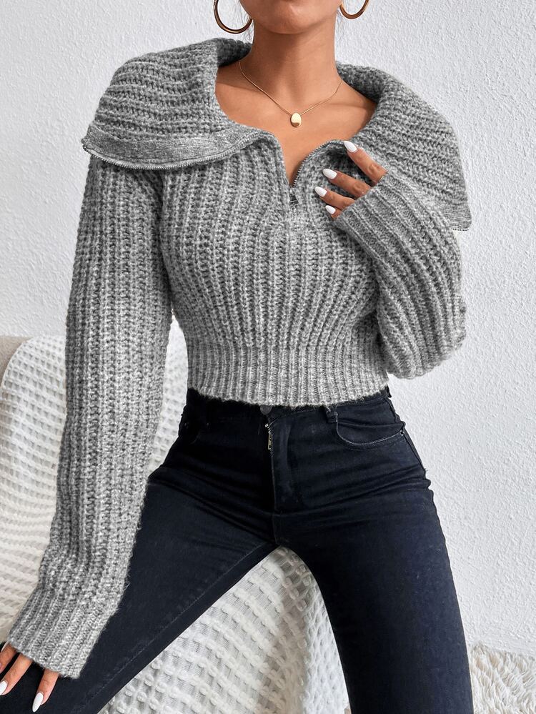 Half Zip Drop Shoulder Sweater,Long Sleeve Tops Knit Pullover Fall Winter