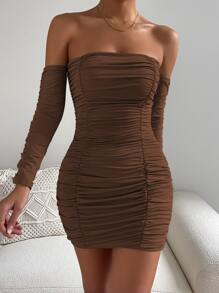 Chiquease 一字肩褶邊緊身洋裝 - 咖啡棕 - 查看 5