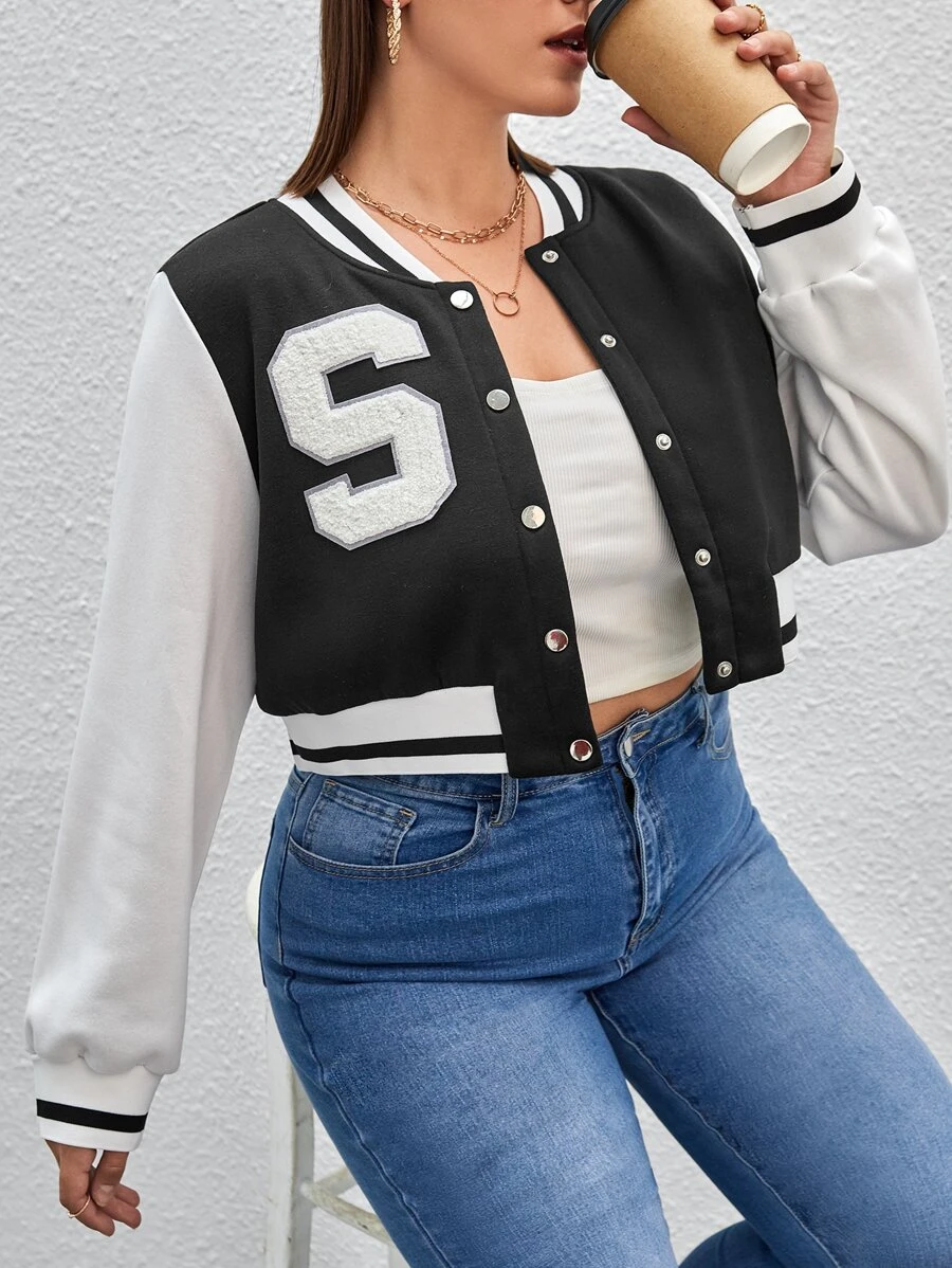 CovetEZ 大碼字母補丁細節雙色學院風夾克 - 黑與白 - 查看 1