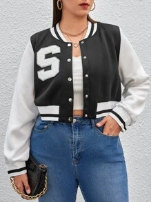 CovetEZ 大碼字母補丁細節雙色學院風夾克 - 黑與白 - 查看 3