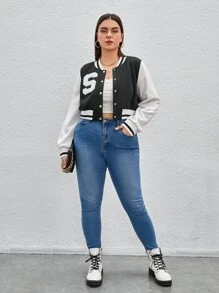 CovetEZ 大碼字母補丁細節雙色學院風夾克 - 黑與白 - 查看 4