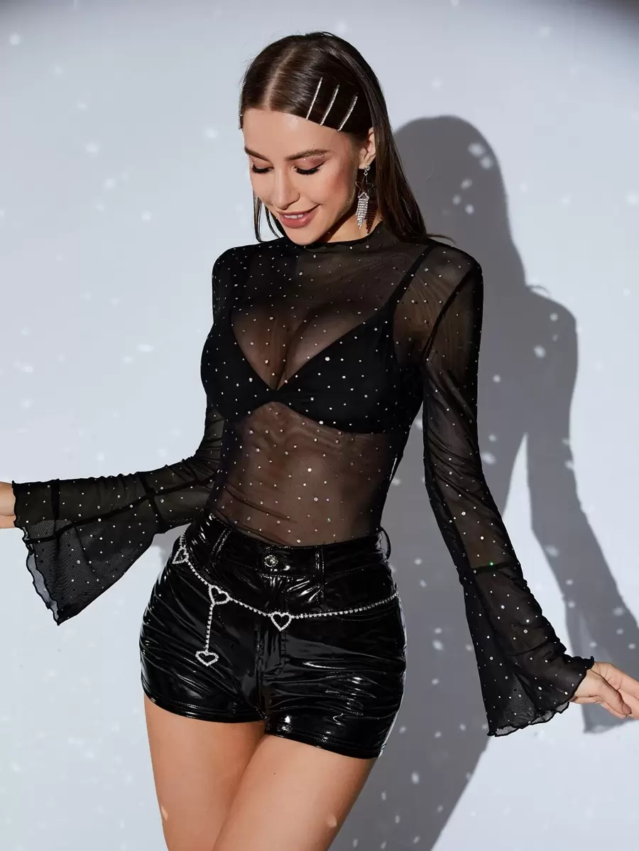 SHEIN ICON Ren Mộc nhĩ tay áo lá sen mỏng Áo Không có áo ngực Đi ra ngoài - màu đen - Xem 1