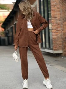 SHEIN LUNE Pocket Patched Drop Shoulder Shirt & Pants - Coffee Brown - View 1