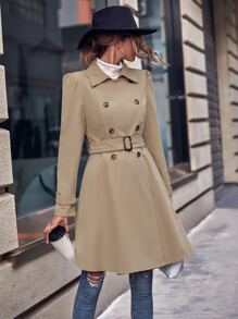 SHEIN LUNE Double Breasted Belted Trench Coat - Camel - View 3
