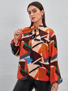 SHEIN Clasi Áo sơ mi Plus Size Thắt nơ trước Hình học Thanh lịch - Nhiều màu - Xem 5