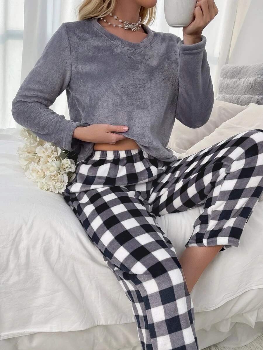 Buffalo Plaid Print Flannelette PJ Set / Pajama Set - Multicolor - View 1